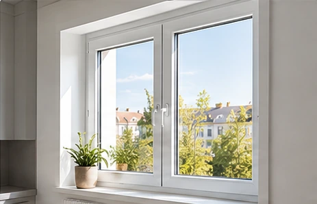 Ventana blanca con dos hojas y luz natural en una vivienda