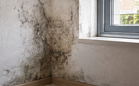 Pared con marcas de humedad junto a una ventana